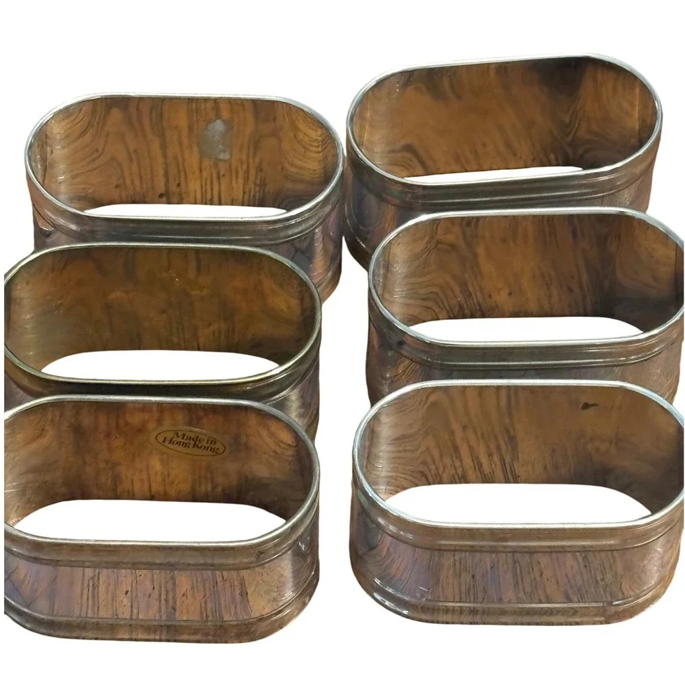 Vintage Iridescent Silver Tone Napkin Rings‎ Set of 6 Diamond Harlequin Oval MCM